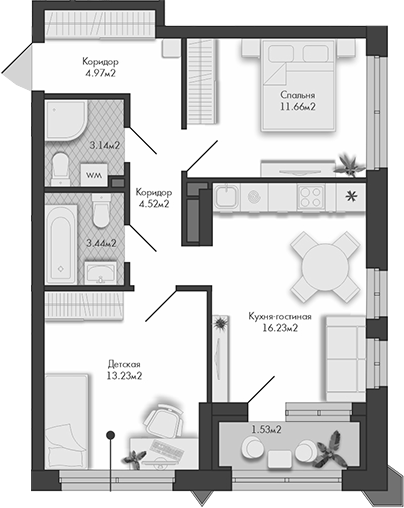 Планировка — Маяковка, 2-комн., 57 м²