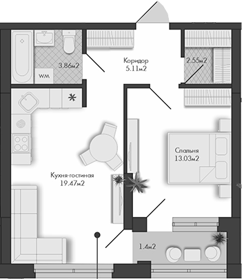 Планировка — Маяковка, 1-комн., 44 м²