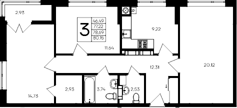 Планировка — Сезоны, 3-комн., 77 м²