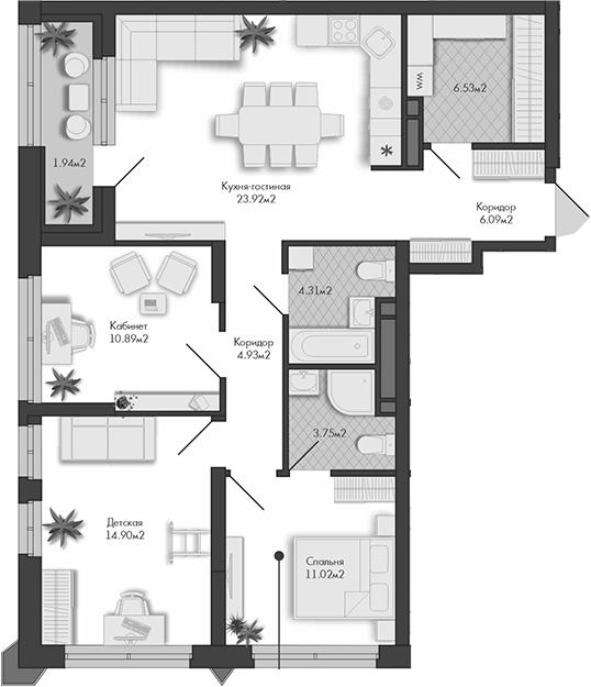 Планировка — Маяковка, 3-комн., 86 м²
