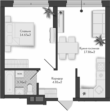 Планировка — Маяковка, 1-комн., 41 м²