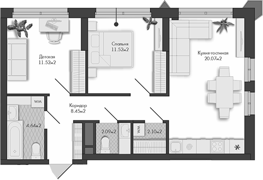 Планировка — Маяковка, 2-комн., 60 м²