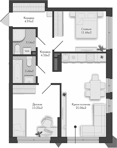 Планировка — Маяковка, 2-комн., 62 м²