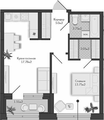 Планировка — Маяковка, 1-комн., 43 м²