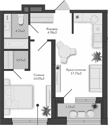 Планировка — Маяковка, 1-комн., 43 м²