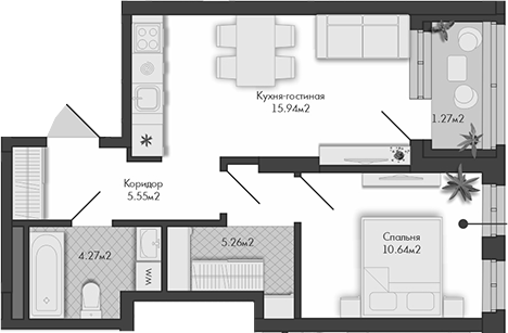 Планировка — Маяковка, 1-комн., 42 м²