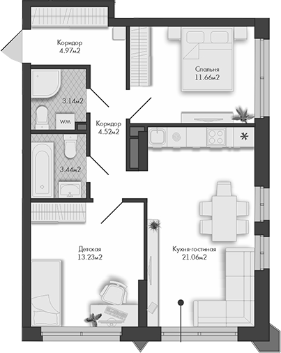 Планировка — Маяковка, 2-комн., 62 м²