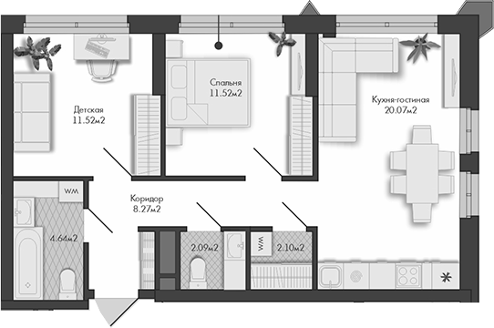 Планировка — Маяковка, 2-комн., 60 м²