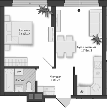 Планировка — Маяковка, 1-комн., 41 м²