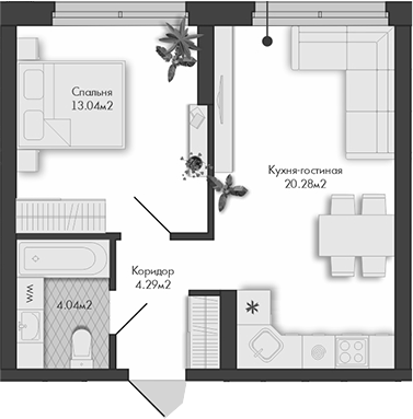 Планировка — Маяковка, 1-комн., 42 м²