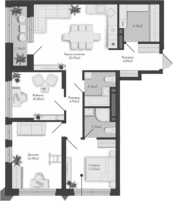 Планировка — Маяковка, 3-комн., 86 м²