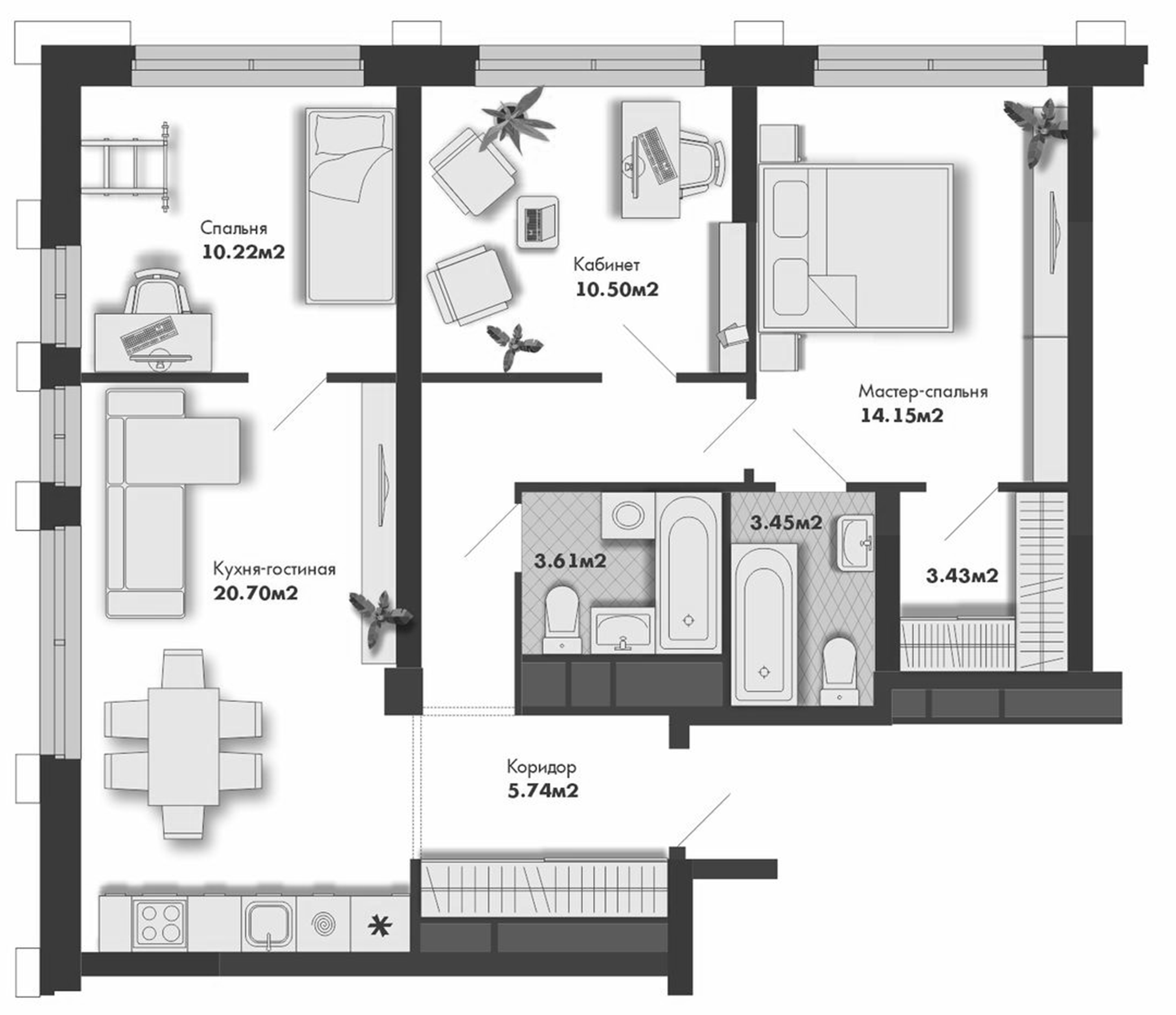 Планировка — Маяковка, 3-комн., 78 м²