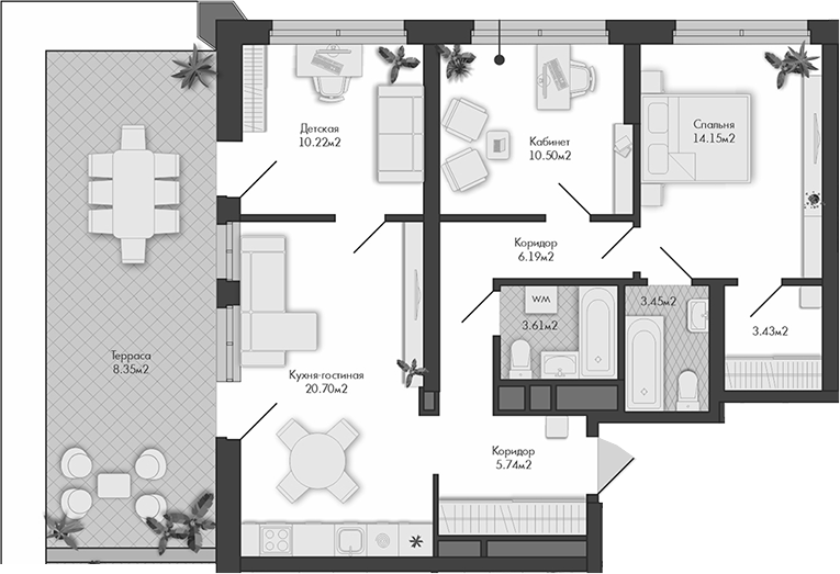 Планировка — Маяковка, 3-комн., 78 м²