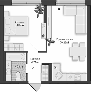 Планировка — Маяковка, 1-комн., 41 м²