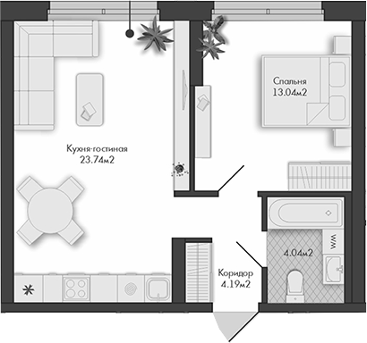 Планировка — Маяковка, 1-комн., 45 м²