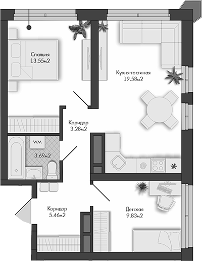 Планировка — Маяковка, 2-комн., 55 м²