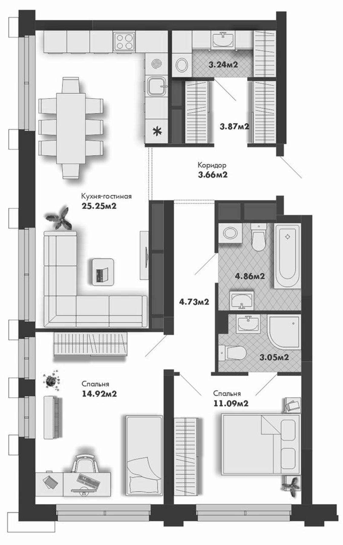 Планировка — Маяковка, 2-комн., 75 м²