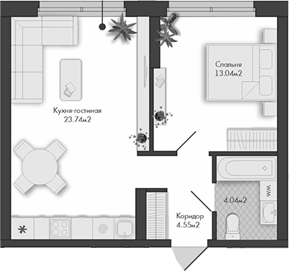 Планировка — Маяковка, 1-комн., 45 м²