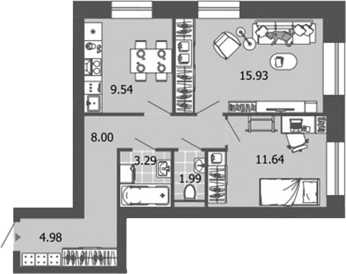Планировка — Лес, 2-комн., 55 м²