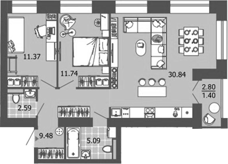 Планировка — Лес, 3-комн., 71 м²