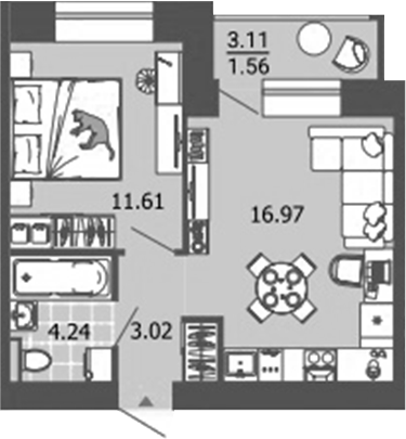 Планировка — Лес, 2-комн., 35 м²