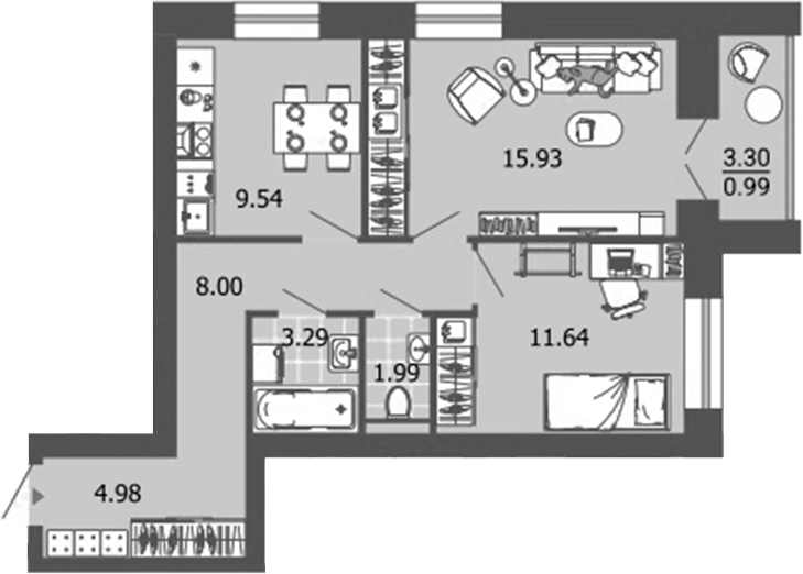 Планировка — Лес, 2-комн., 55 м²