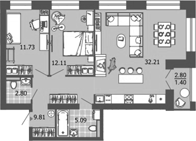 Планировка — Лес, 3-комн., 74 м²