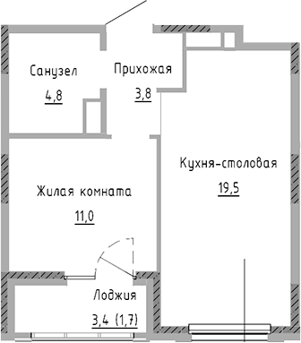 Планировка — Курчатов, 2-комн., 39 м²