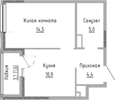 Планировка — Курчатов, 1-комн., 35 м²