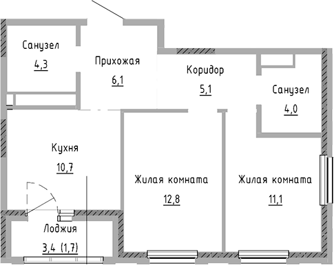 Планировка — Курчатов, 2-комн., 54 м²