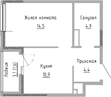 Планировка — Курчатов, 1-комн., 35 м²