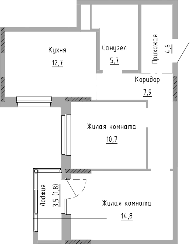 Планировка — Курчатов, 2-комн., 56 м²