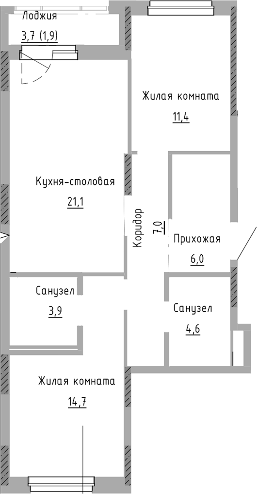 Планировка — Курчатов, 2-комн., 69 м²