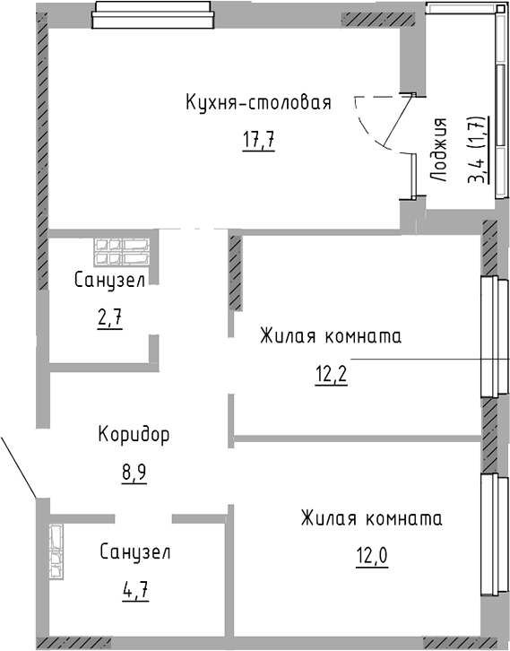 Планировка — Курчатов, 3-комн., 58 м²