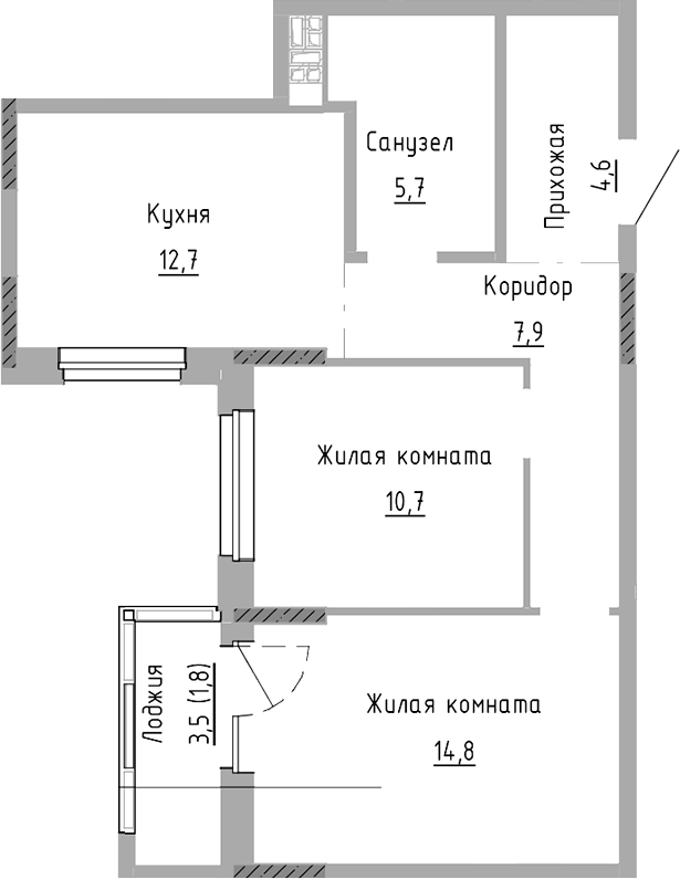 Планировка — Курчатов, 2-комн., 56 м²