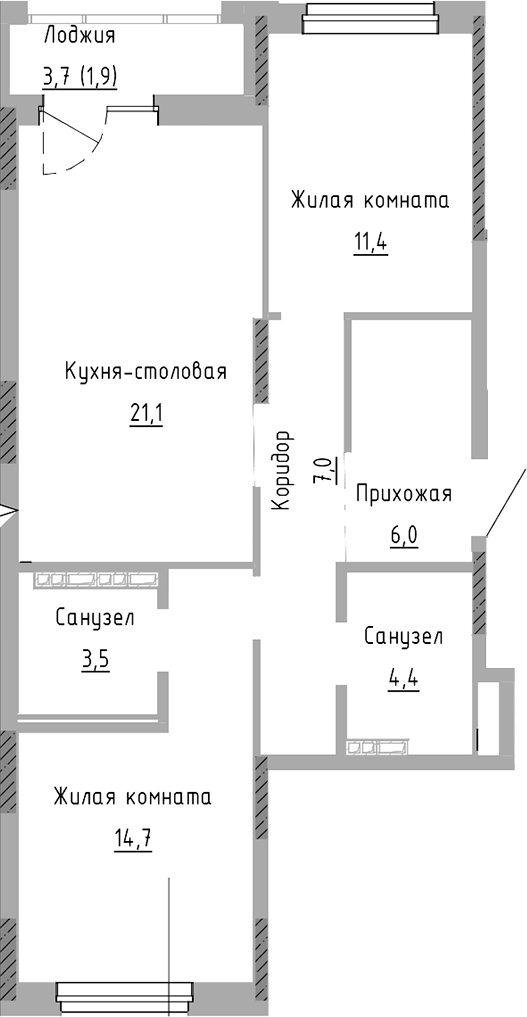 Планировка — Курчатов, 2-комн., 68 м²
