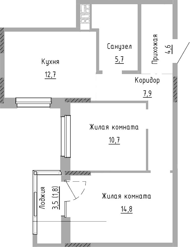 Планировка — Курчатов, 2-комн., 56 м²