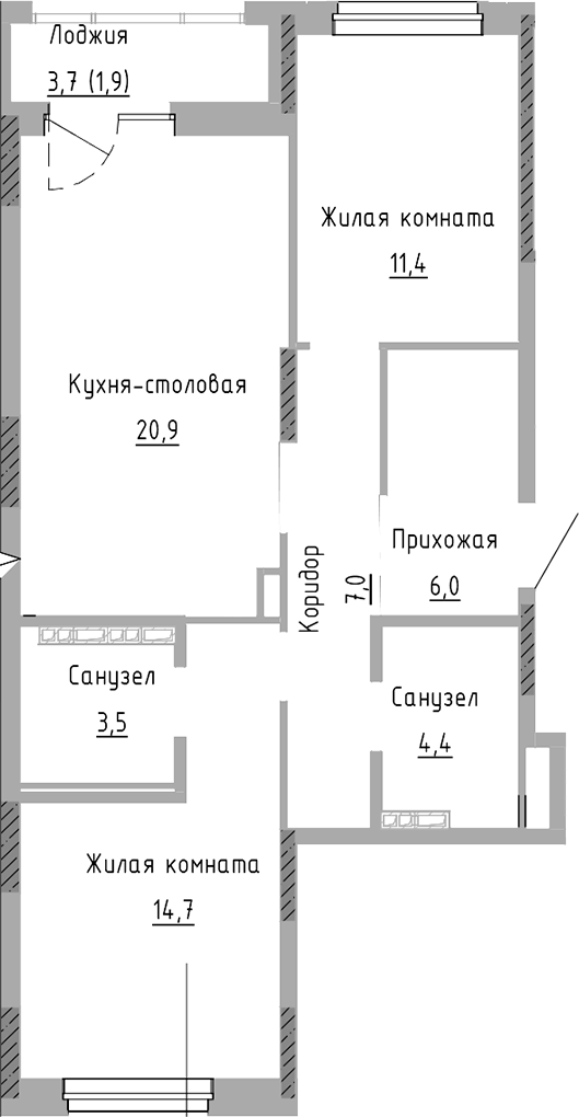 Планировка — Курчатов, 2-комн., 68 м²