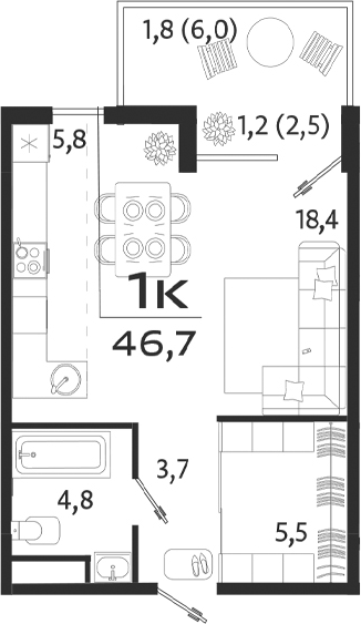 Планировка — ROYALTA, Студия, 38 м²