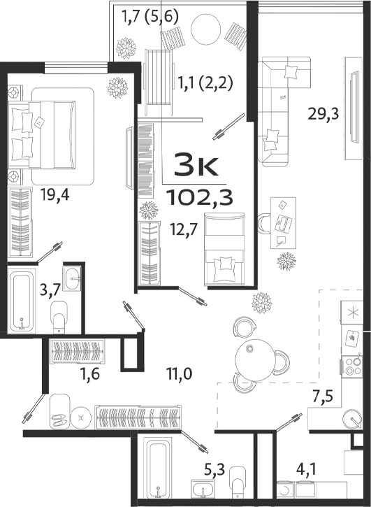 Планировка — ROYALTA, 3-комн., 95 м²