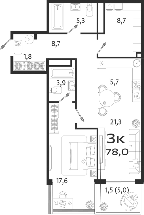 Планировка — ROYALTA, 2-комн., 73 м²