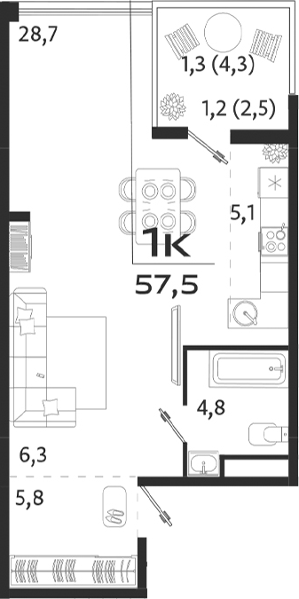 Планировка — ROYALTA, Студия, 51 м²