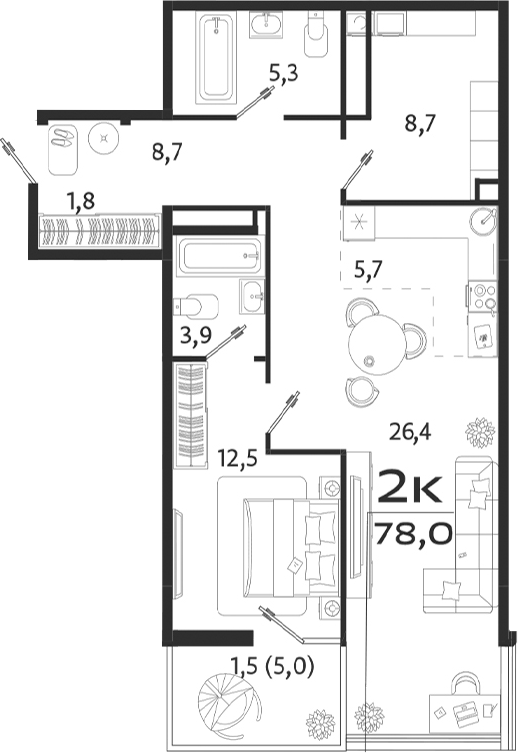 Планировка — ROYALTA, 2-комн., 73 м²