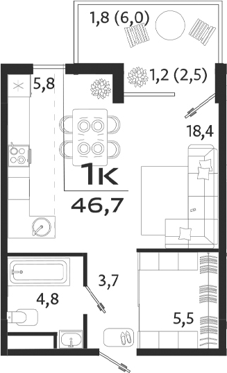 Планировка — ROYALTA, Студия, 38 м²