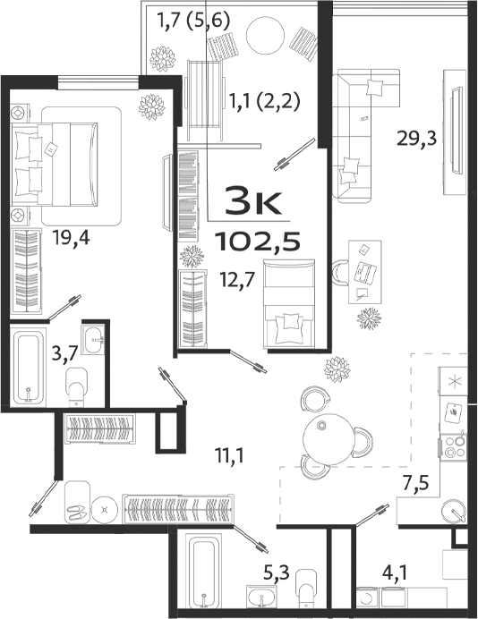 Планировка — ROYALTA, 3-комн., 95 м²