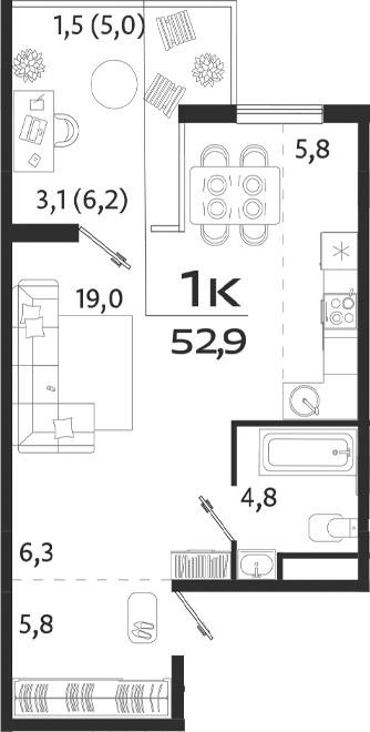 Планировка — ROYALTA, Студия, 42 м²