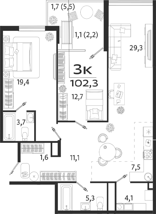 Планировка — ROYALTA, 2-комн., 94 м²