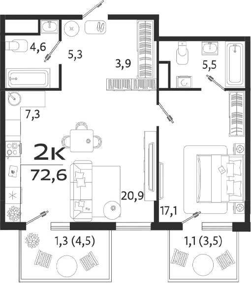 Планировка — ROYALTA, 1-комн., 65 м²