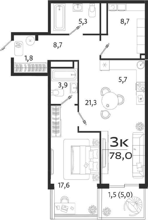 Планировка — ROYALTA, 2-комн., 73 м²