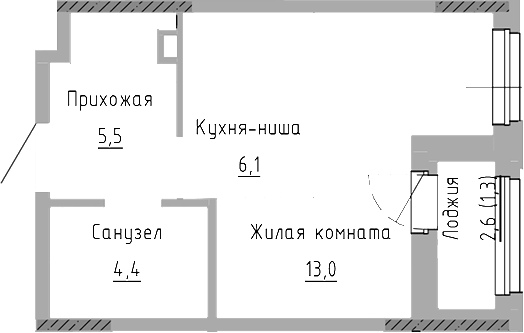 Планировка — Курчатов, Студия, 29 м²